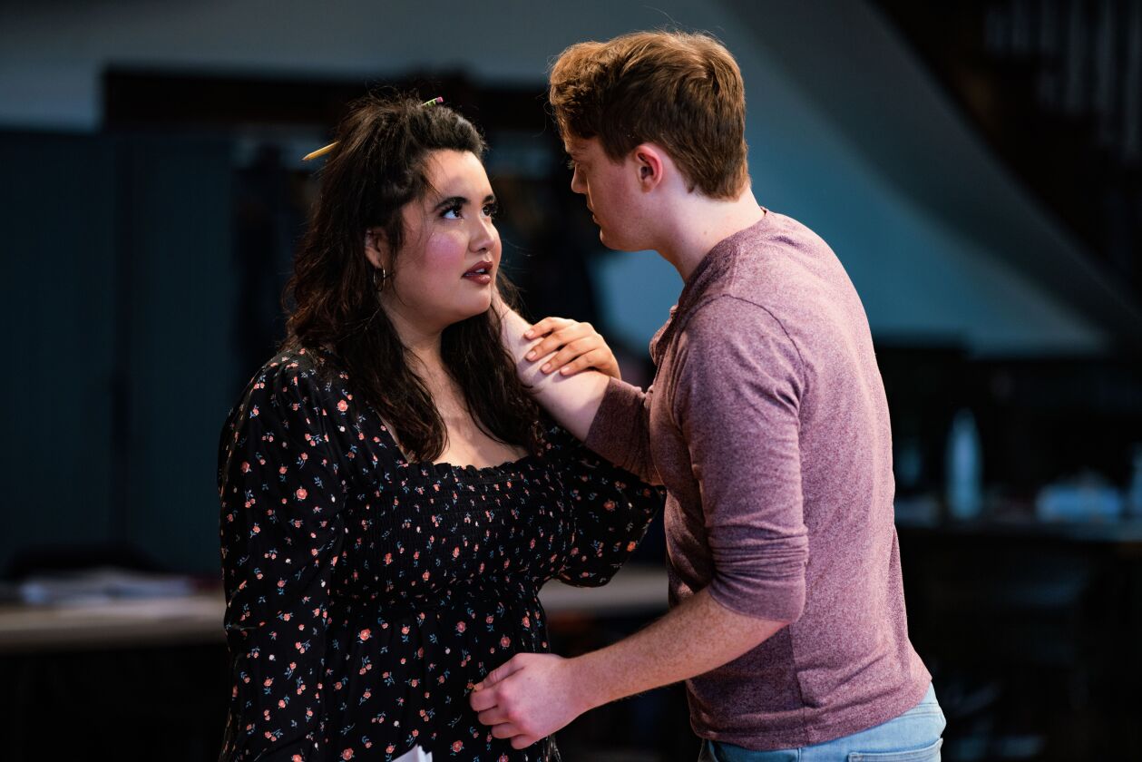 Karen Rodriguez (Julia) and Harrison Weger (Connor) in rehearsal for Steppenwolf for Young Adults’ world premiere of “I Am Not Your Perfect Mexican Daughter,” based on the novel by Erika L. Sánchez, adapted by Isaac Gómez and directed by Sandra Marquez at Steppenwolf’s Upstairs Theatre.